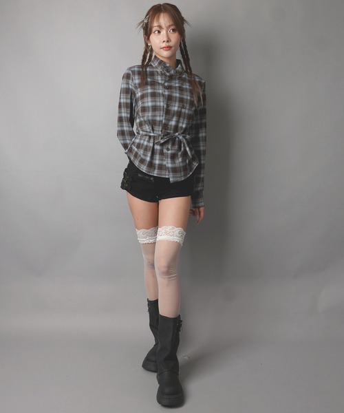 SPINNS（スピンズ）の「長袖ノーカラーチェックシャツ/Wボタン/ストリート女子（シャツ/ブラウス・レディース・ネイビー/ブラウン/ボルドー・ONESIZE）」の16枚目の写真