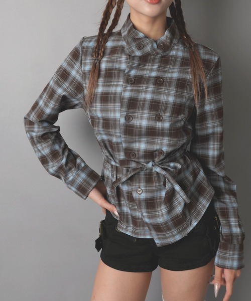 SPINNS（スピンズ）の「長袖ノーカラーチェックシャツ/Wボタン/ストリート女子（シャツ/ブラウス・レディース・ネイビー/ブラウン/ボルドー・ONESIZE）」の11枚目の写真
