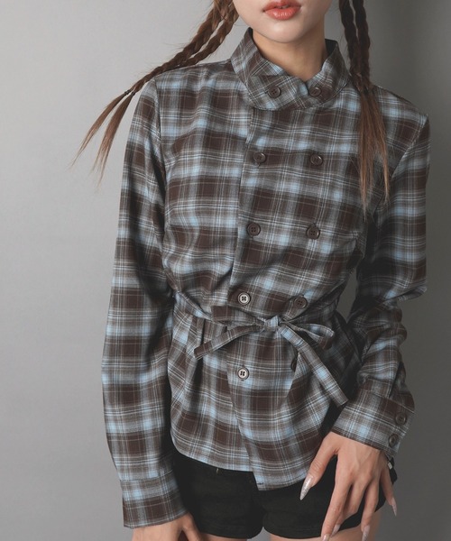 SPINNS（スピンズ）の「長袖ノーカラーチェックシャツ/Wボタン/ストリート女子（シャツ/ブラウス・レディース・ネイビー/ブラウン/ボルドー・ONESIZE）」の10枚目の写真