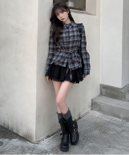 SPINNS（スピンズ）の「長袖ノーカラーチェックシャツ/Wボタン/ストリート女子（シャツ/ブラウス・レディース・ネイビー/ブラウン/ボルドー・ONESIZE）」の8枚目の写真