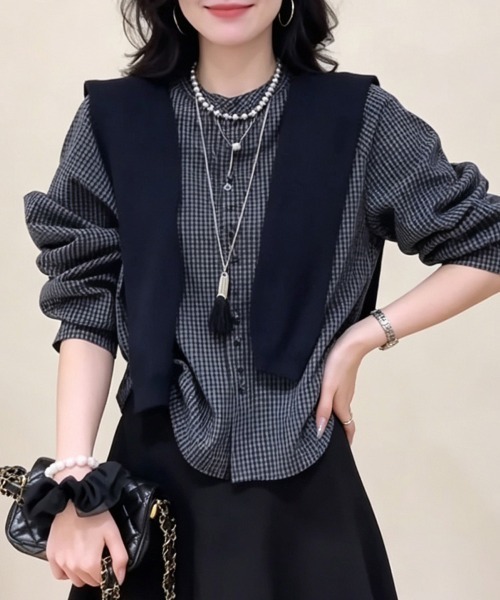 ONEP STAR（ワンピスター）の「肩掛け風デザインチェック柄ノーカラー長袖シャツ（シャツ/ブラウス・レディース・ダークブルー・X-LARGE/LARGE/MEDIUM）」の10枚目の写真