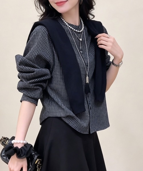 ONEP STAR（ワンピスター）の「肩掛け風デザインチェック柄ノーカラー長袖シャツ（シャツ/ブラウス・レディース・ダークブルー・X-LARGE/LARGE/MEDIUM）」の11枚目の写真