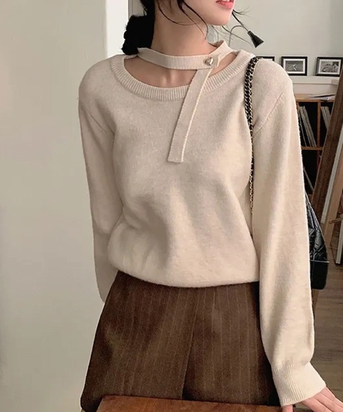 2ly2（トゥーリートゥー）の「チョーカーデザインニット / 長袖ニット プルオーバー ネックベルトデザイン（ニット/セーター・レディース・ベージュ/グレー・FREE）」の7枚目の写真