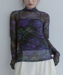 【ストレッチメッシュ】ハイネック プリント トップス / Stretch Mesh High-Neck Printed Top