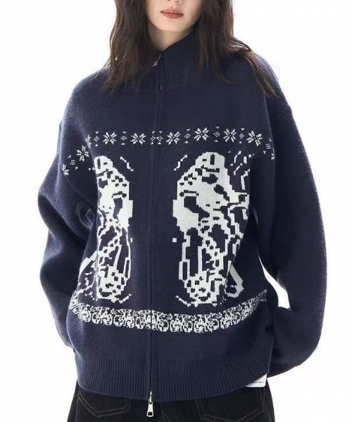 Teem Store(チームストア)の「グラフィックジャガード ダブルジップドライバーズニット(ニット/セーター・レディース・ネイビー/グレー・M)」の10枚目の写真