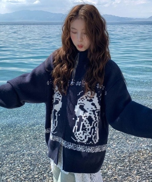 Teem Store(チームストア)の「グラフィックジャガード ダブルジップドライバーズニット(ニット/セーター・レディース・ネイビー/グレー・M)」の5枚目の写真