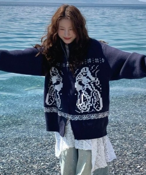Teem Store(チームストア)の「グラフィックジャガード ダブルジップドライバーズニット(ニット/セーター・レディース・ネイビー/グレー・M)」の6枚目の写真