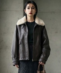 ファーティペット付きヘムドロストフェイクレザーブルゾン