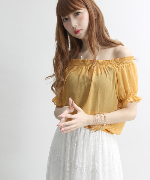 WEGO（ウィゴー）の「WEGO/ギャザーオフショルダーブラウス（シャツ/ブラウス・レディース・サックスブルー/ブラック/ブラック系その他2/ホワイト/オレンジ/イエロー・FREE）」の5枚目の写真