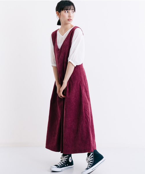 MERLOT（メルロー）の「コーデュロイフレアタックジャンパースカートワンピ7126（ワンピース・レディース・ブラウン/ブラック/ワイン/ブルーグリーン・FREE）」の4枚目の写真