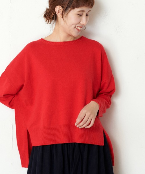 PUAL CE CIN（ピュアルセシン）の「クルーＮ前後差プルオーバー（ニット/セーター・レディース・ベージュ/ネイビー/レッド/キャメル・FREE）」の4枚目の写真