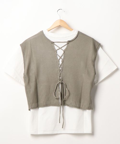 archives(アルシーヴ)の「バックレースアップベストSET(Tシャツ/カットソー・レディース・モカ/アイボリー/カーキ・MEDIUM)」の4枚目の写真