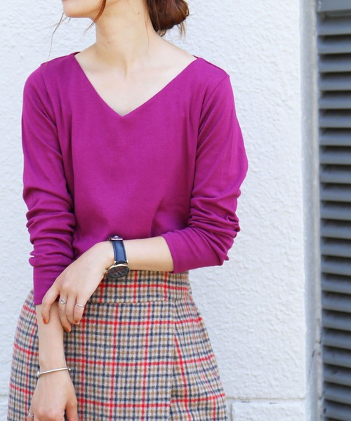 Fashion Letter（ファッションレター）の「フライスVネックロンT（Tシャツ/カットソー・レディース・チャコールグレー/ライトグレー/ブラック/ネイビー/オフホワイト/カーキ/マジェンタ/杢グレー/グレイッシュベージュ・M/LL/3L/4L/L）」の9枚目の写真