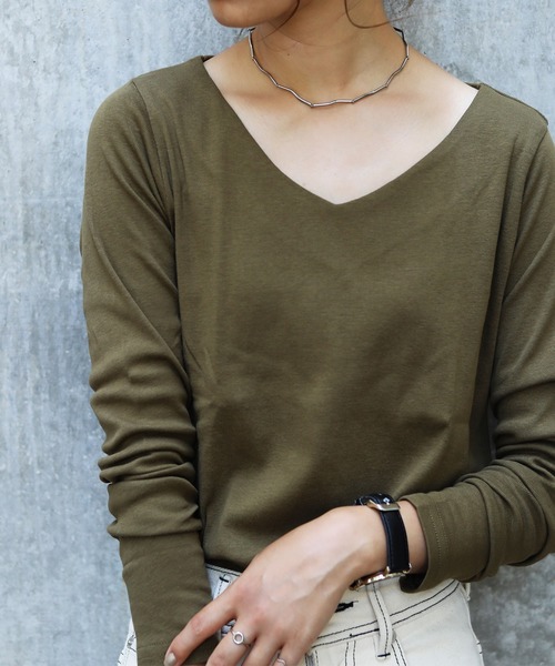 Fashion Letter（ファッションレター）の「フライスVネックロンT（Tシャツ/カットソー・レディース・チャコールグレー/ライトグレー/ブラック/ネイビー/オフホワイト/カーキ/マジェンタ/杢グレー/グレイッシュベージュ・M/LL/3L/4L/L）」の13枚目の写真