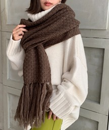 moment+ | 【2021-22A/W New Arrival】モヘヤタッチアクリル柄編みフリンジロングニットマフラー(マフラー)