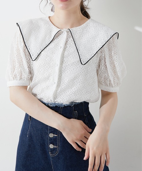 OLIVE des OLIVE（オリーブデオリーブ）の「パイピングセーラーカラーブラウス（シャツ/ブラウス・レディース・ホワイト/サックスブルー/オフホワイト・FREE）」の2枚目の写真