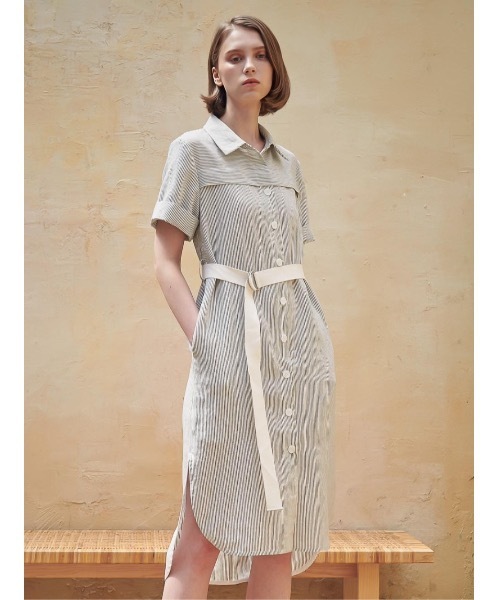 ACUD（アクド）の「【ACUD 】リネンストライプシャツワンピース / Linen Stripe Shirt One-Piece（シャツワンピース・レディース・スカイブルー/ブラック/ベージュ・SMALL/MEDIUM）」の2枚目の写真