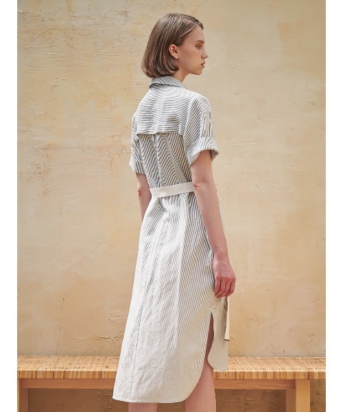 ACUD（アクド）の「【ACUD 】リネンストライプシャツワンピース / Linen Stripe Shirt One-Piece（シャツワンピース・レディース・スカイブルー/ブラック/ベージュ・SMALL/MEDIUM）」の13枚目の写真