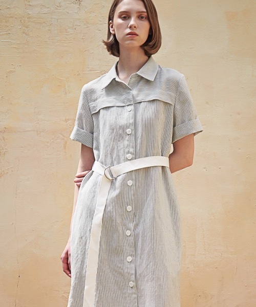 ACUD（アクド）の「【ACUD 】リネンストライプシャツワンピース / Linen Stripe Shirt One-Piece（シャツワンピース・レディース・スカイブルー/ブラック/ベージュ・SMALL/MEDIUM）」の10枚目の写真