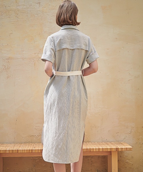 ACUD（アクド）の「【ACUD 】リネンストライプシャツワンピース / Linen Stripe Shirt One-Piece（シャツワンピース・レディース・スカイブルー/ブラック/ベージュ・SMALL/MEDIUM）」の4枚目の写真