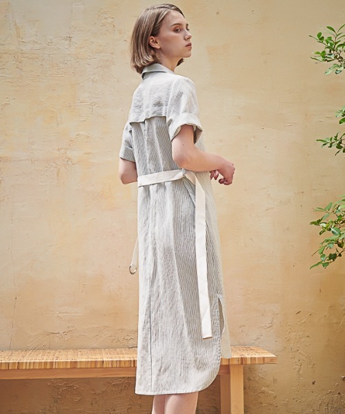 ACUD（アクド）の「【ACUD 】リネンストライプシャツワンピース / Linen Stripe Shirt One-Piece（シャツワンピース・レディース・スカイブルー/ブラック/ベージュ・SMALL/MEDIUM）」の7枚目の写真