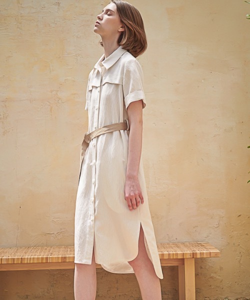ACUD（アクド）の「【ACUD 】リネンストライプシャツワンピース / Linen Stripe Shirt One-Piece（シャツワンピース・レディース・スカイブルー/ブラック/ベージュ・SMALL/MEDIUM）」の12枚目の写真