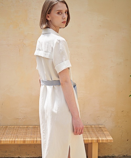ACUD（アクド）の「【ACUD 】リネンストライプシャツワンピース / Linen Stripe Shirt One-Piece（シャツワンピース・レディース・スカイブルー/ブラック/ベージュ・SMALL/MEDIUM）」の9枚目の写真