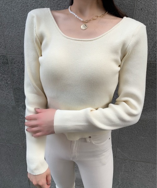 EIMY ISTOIRE（エイミーイストワール）の「バックオープンパットインニット（ニット/セーター・レディース・ホワイト/ブラック/ベージュ/ブラウン/ピンク/ブルー・FREE）」の10枚目の写真