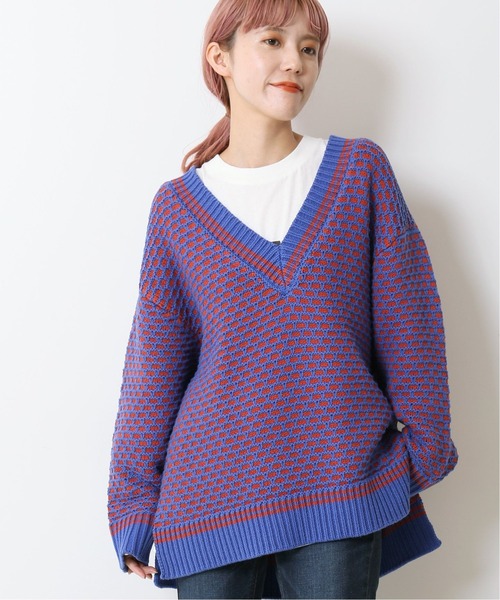 Simplicite（サンプリシテ）の「深VバイカラーKNITプルオーバー◆（ニット/セーター・レディース・ブラウン/ナチュラル/ブルー/グリーン・FREE）」の4枚目の写真