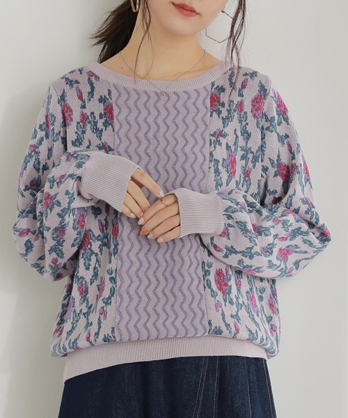 osharewalker（オシャレウォーカー）の「【廃盤】『花柄ジャカード切替ニットトップス』（ニット/セーター・レディース・ラベンダー/ブルーグリーン・2/1）」の2枚目の写真