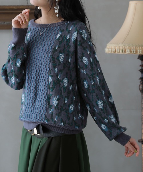 osharewalker（オシャレウォーカー）の「【廃盤】『花柄ジャカード切替ニットトップス』（ニット/セーター・レディース・ラベンダー/ブルーグリーン・2/1）」の3枚目の写真
