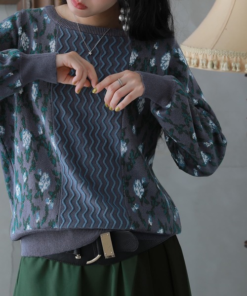 osharewalker（オシャレウォーカー）の「【廃盤】『花柄ジャカード切替ニットトップス』（ニット/セーター・レディース・ラベンダー/ブルーグリーン・2/1）」の4枚目の写真