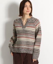 niko and... | 洗えるキーネック地柄ニットプルオーバー(ニット/セーター)