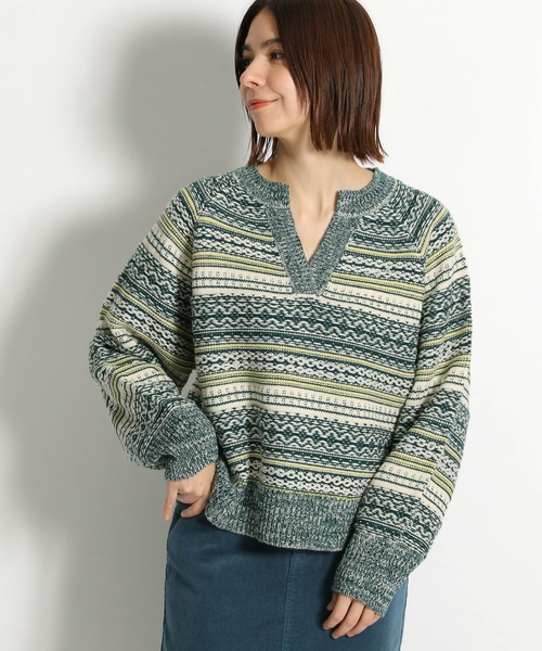 niko and（ニコアンド）の「洗えるキーネック地柄ニットプル