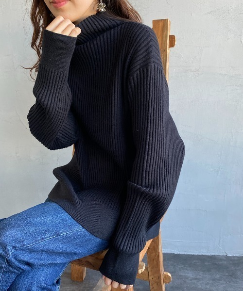 JF Ready Made（ジェイエフレディメイド）の「[Jf Ready Made/ジェイエフレディメイド] タートルネック バックスリットリブニット（ニット/セーター・レディース・ブラック/アイボリー/ブロンズ・F）」の4枚目の写真