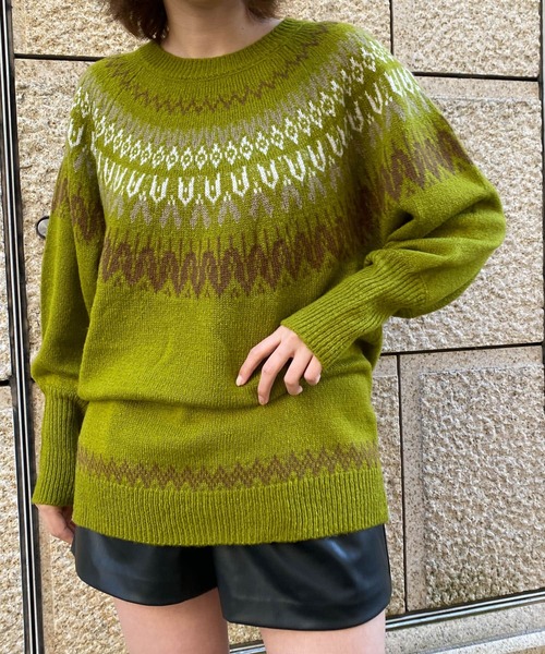 HEYUMM（ヘユム）の「求心柄ボリュームスリーブニットトップ（ニット/セーター・レディース・グリーン系その他/オレンジ/アイボリー・ONE）」の3枚目の写真