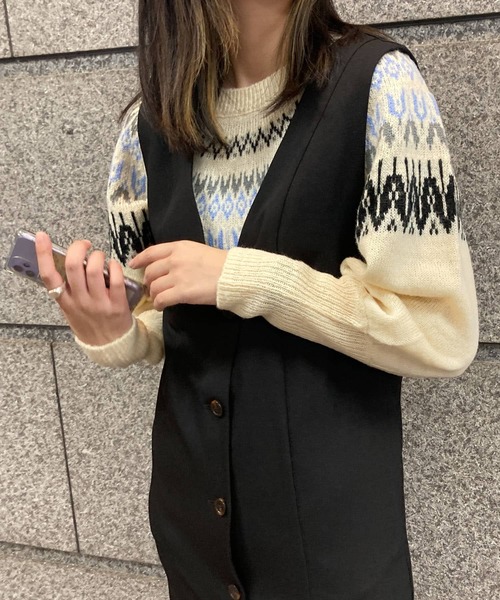 HEYUMM（ヘユム）の「求心柄ボリュームスリーブニットトップ（ニット/セーター・レディース・グリーン系その他/オレンジ/アイボリー・ONE）」の2枚目の写真