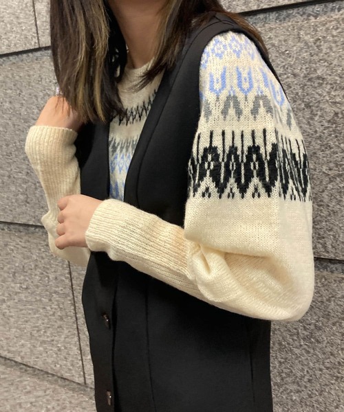 HEYUMM（ヘユム）の「求心柄ボリュームスリーブニットトップ（ニット/セーター・レディース・グリーン系その他/オレンジ/アイボリー・ONE）」の14枚目の写真