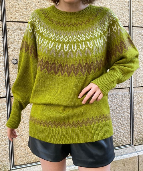 HEYUMM（ヘユム）の「求心柄ボリュームスリーブニットトップ（ニット/セーター・レディース・グリーン系その他/オレンジ/アイボリー・ONE）」の8枚目の写真