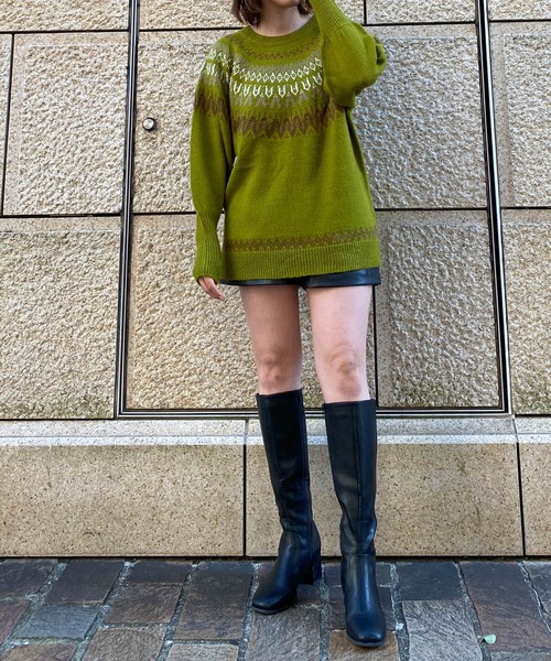 HEYUMM（ヘユム）の「求心柄ボリュームスリーブニットトップ（ニット/セーター・レディース・グリーン系その他/オレンジ/アイボリー・ONE）」の9枚目の写真