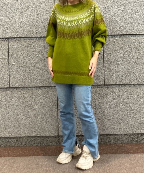 HEYUMM（ヘユム）の「求心柄ボリュームスリーブニットトップ（ニット/セーター・レディース・グリーン系その他/オレンジ/アイボリー・ONE）」の6枚目の写真