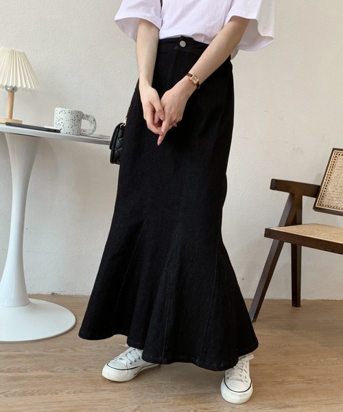 Diosfront（ディオスフロント）の「美シルエット！ハイウエストストレッチデニムマーメイドスカート（デニムスカート・レディース・ブラック/ブルー・L/M/S）」の4枚目の写真