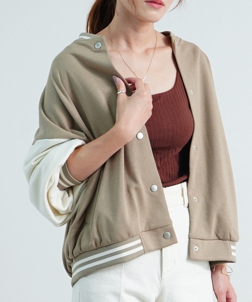 Fizz(フィズ)の「【Fizz/フィズ】 スウェット素材配色スタジャン(スタジャン・レディース・ネイビー/ベージュ/ブラック/グリーン・M)」の3枚目の写真