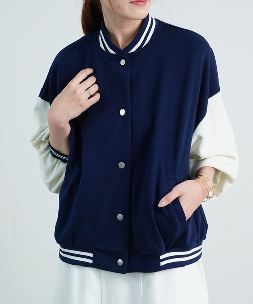 Fizz(フィズ)の「【Fizz/フィズ】 スウェット素材配色スタジャン(スタジャン・レディース・ネイビー/ベージュ/ブラック/グリーン・M)」の1枚目の写真