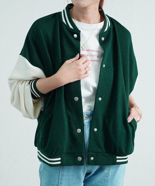 Fizz(フィズ)の「【Fizz/フィズ】 スウェット素材配色スタジャン(スタジャン・レディース・ネイビー/ベージュ/ブラック/グリーン・M)」の4枚目の写真