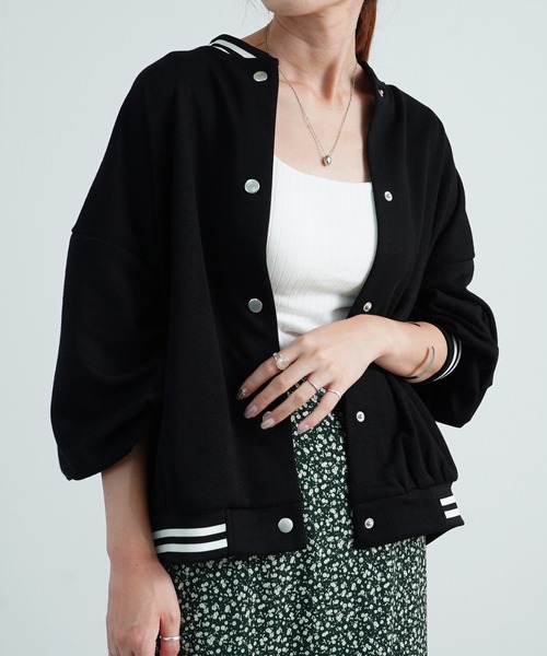 Fizz(フィズ)の「【Fizz/フィズ】 スウェット素材配色スタジャン(スタジャン・レディース・ネイビー/ベージュ/ブラック/グリーン・M)」の2枚目の写真