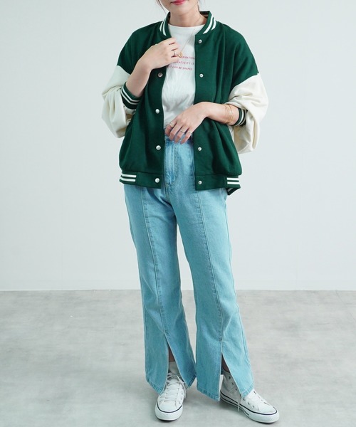 Fizz(フィズ)の「【Fizz/フィズ】 スウェット素材配色スタジャン(スタジャン・レディース・ネイビー/ベージュ/ブラック/グリーン・M)」の5枚目の写真