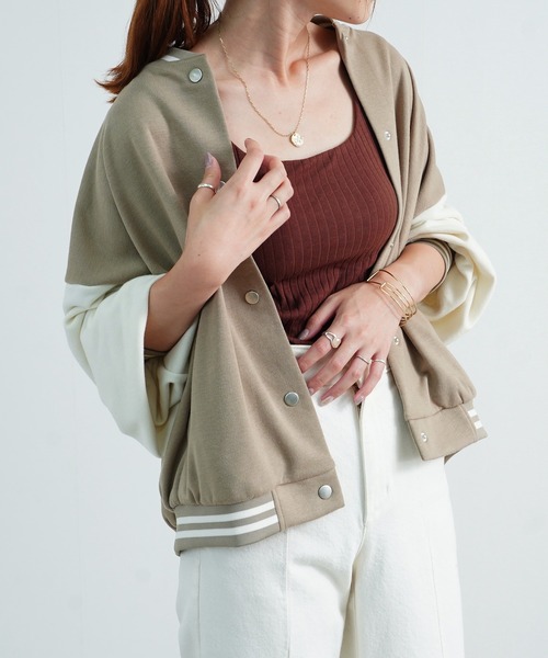 Fizz(フィズ)の「【Fizz/フィズ】 スウェット素材配色スタジャン(スタジャン・レディース・ネイビー/ベージュ/ブラック/グリーン・M)」の8枚目の写真