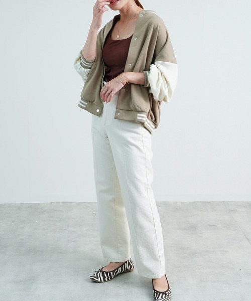 Fizz(フィズ)の「【Fizz/フィズ】 スウェット素材配色スタジャン(スタジャン・レディース・ネイビー/ベージュ/ブラック/グリーン・M)」の9枚目の写真