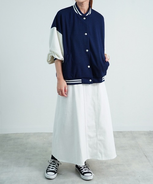 Fizz(フィズ)の「【Fizz/フィズ】 スウェット素材配色スタジャン(スタジャン・レディース・ネイビー/ベージュ/ブラック/グリーン・M)」の17枚目の写真